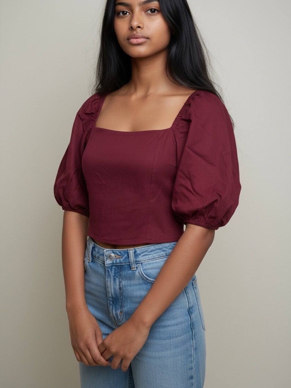 Women INC Red Burgundy Puff Sleeve Square Neck Crop Top Coquette Fall sz M NWT